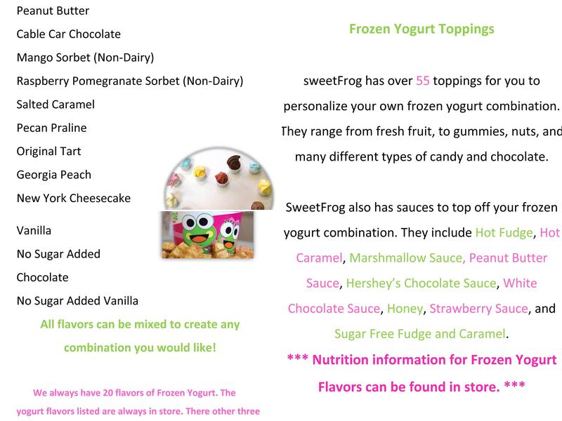 Sweet Frog Premium Frozen Yogurt Menu