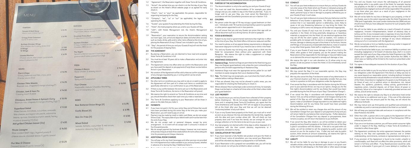 Derby Mickleover Hotel Menu