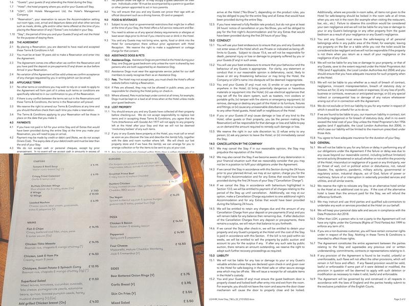 Derby Mickleover Hotel Menu