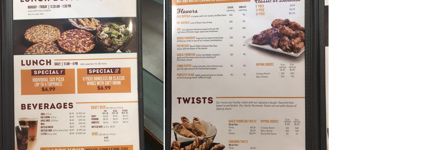Round Table Pizza Menu