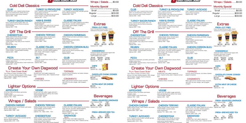 Penn Station East Coast Subs Menu