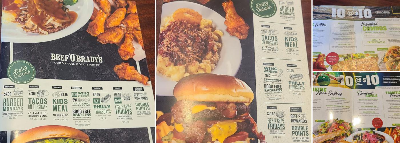 Beef 'O' Brady's Menu