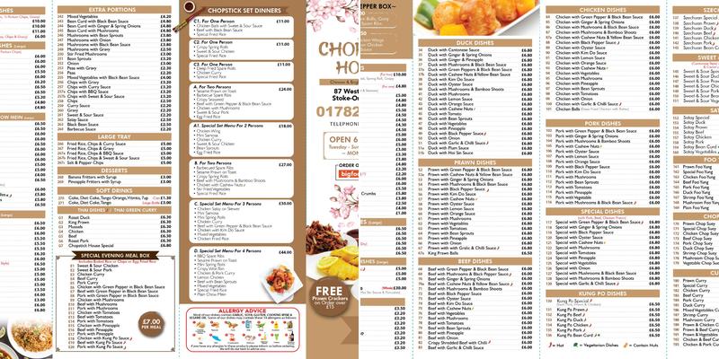 CHOPSTICKS HOUSE Chinese And English Takeaway Menu