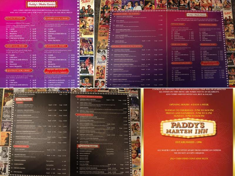 Paddy's Marten Inn Menu