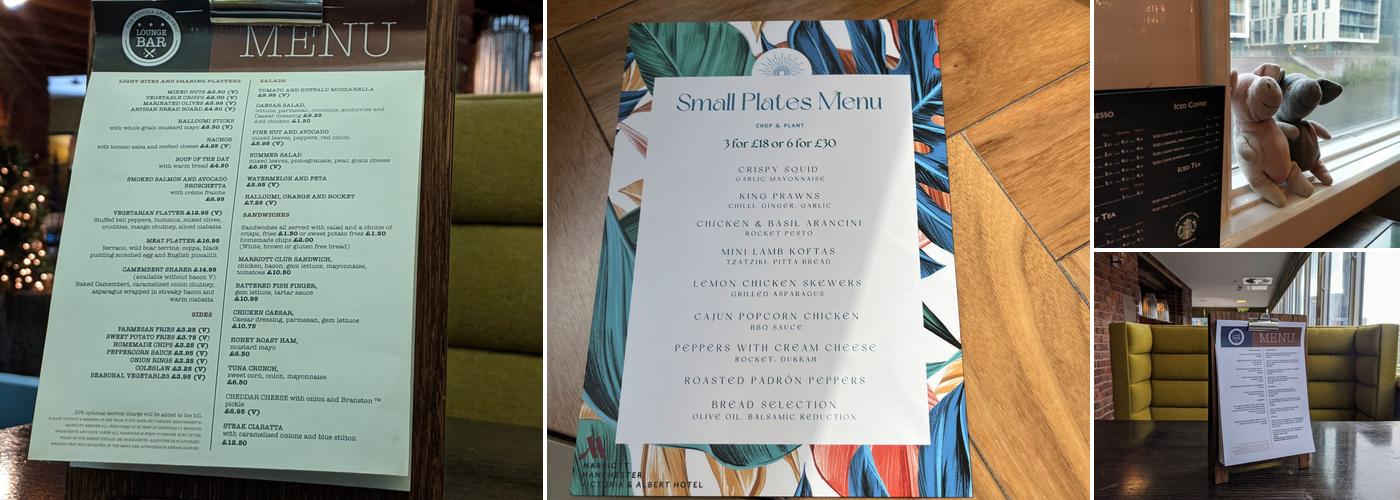 Manchester Marriott Victoria & Albert Hotel Menu