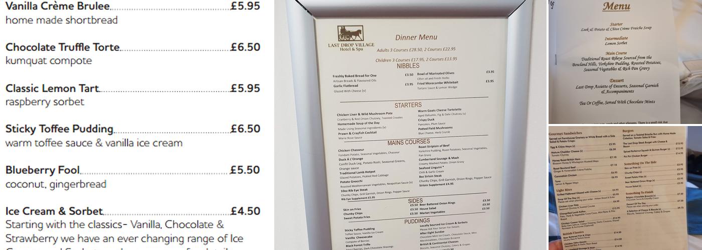 Last Drop Village Hotel & Spa Menu