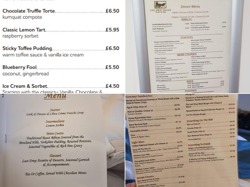 Last Drop Village Hotel & Spa Menu