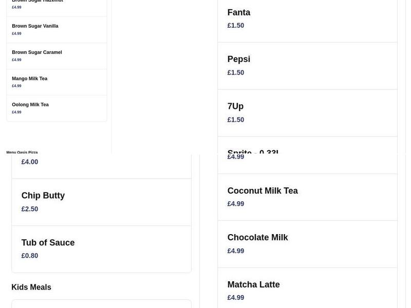 Oasis Pizza Menu