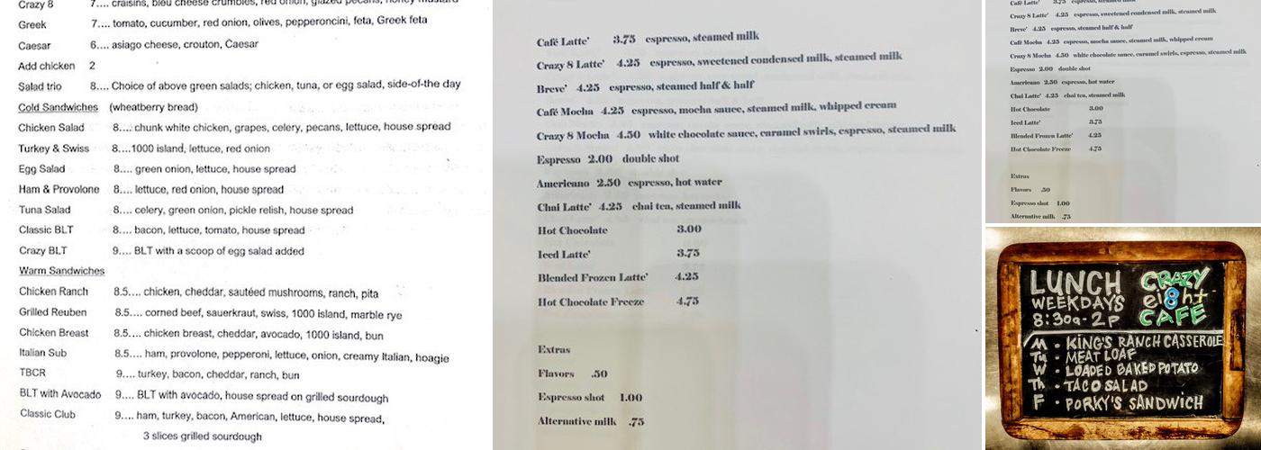 Crazy 8 Cafe & Coffeehouse Menu