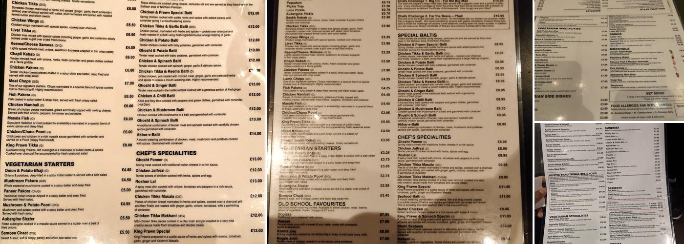 Akbar's Rotherham Menu