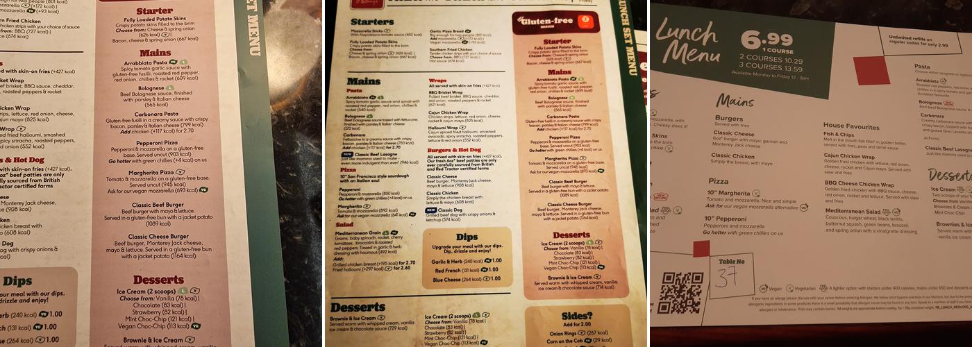 Frankie & Benny's Menu