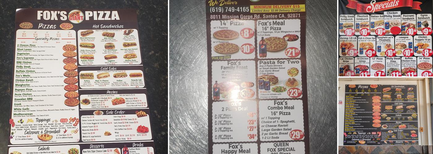 Fox's Giant Pizza Menu
