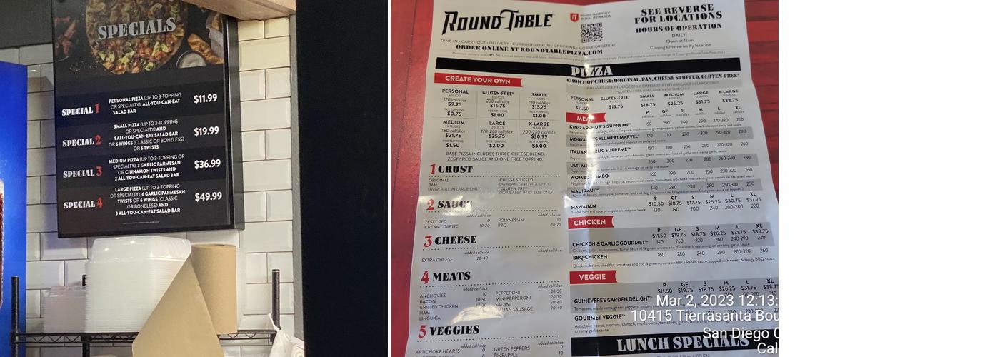 Round Table Pizza Menu