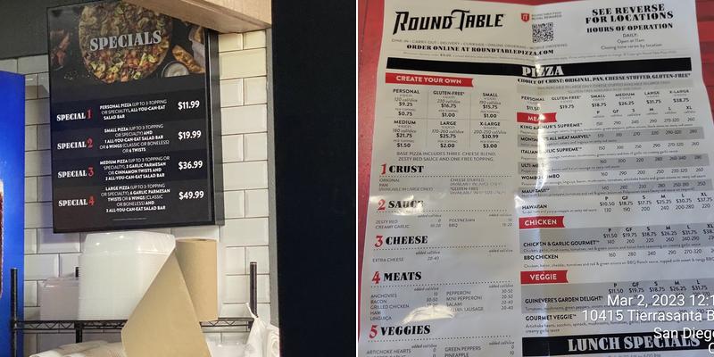 Round Table Pizza Menu