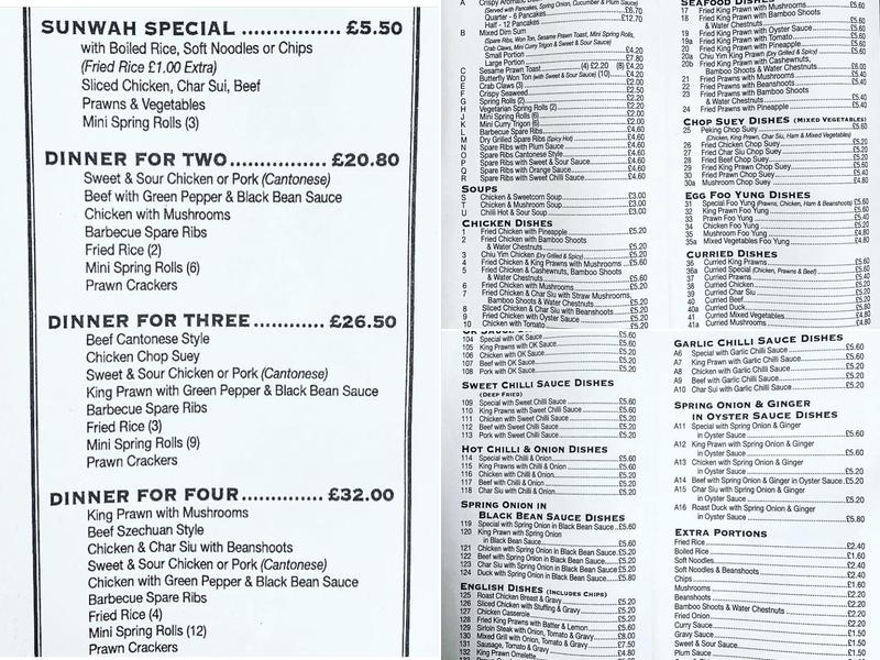 Sun Wah Takeaway Menu