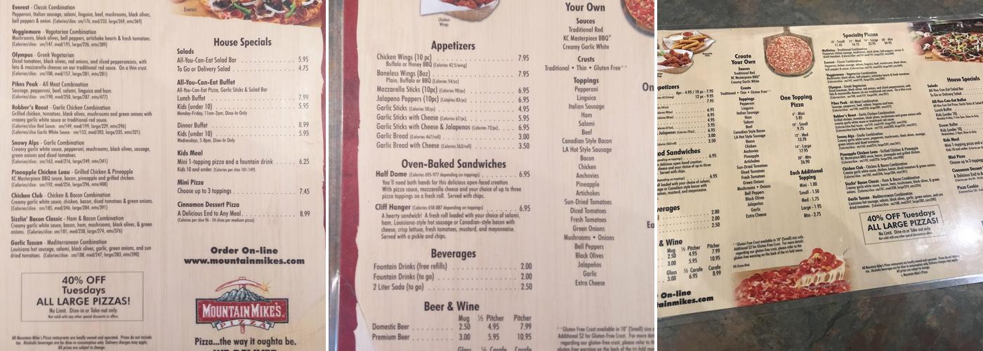 Mountain Mike's Pizza Menu