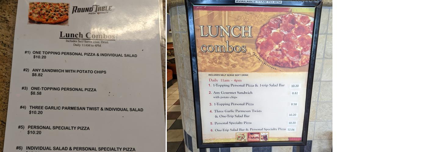 Round Table Pizza Menu