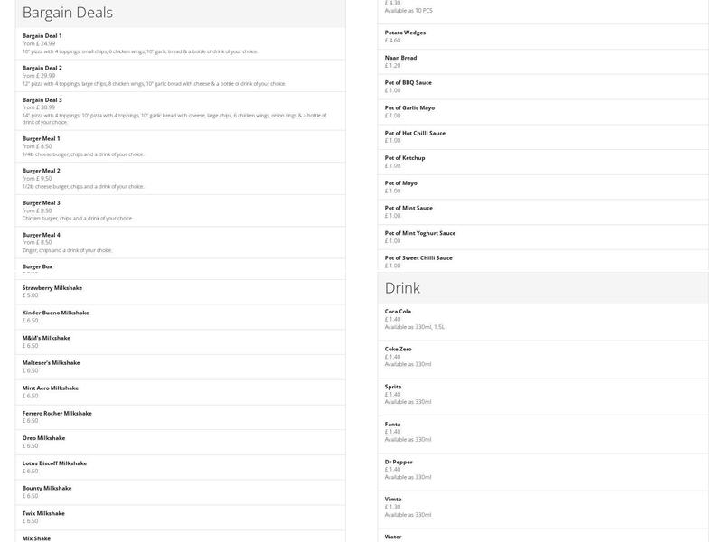 Stourport Kebab & Pizza House Menu