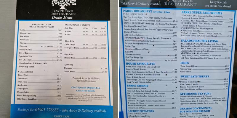 Parks Cafe Bar Menu