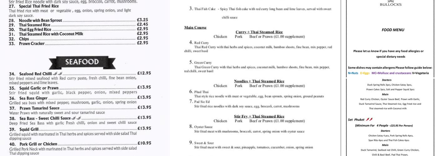 Bullocks Bistro and bar Menu