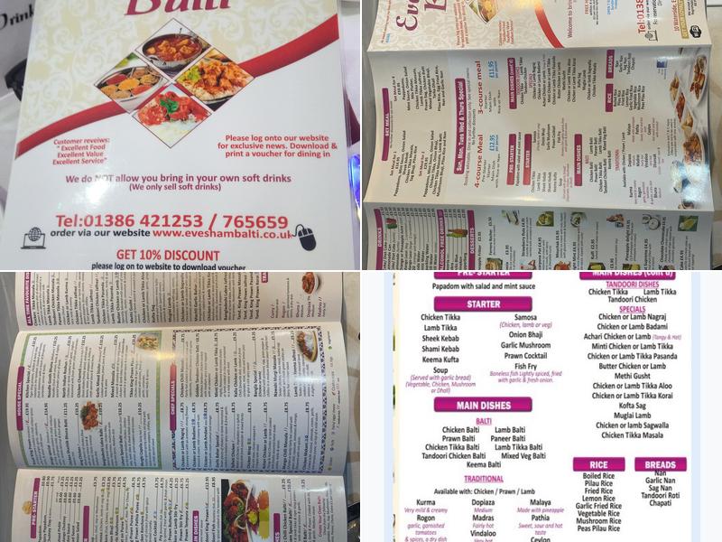 Evesham Balti Menu
