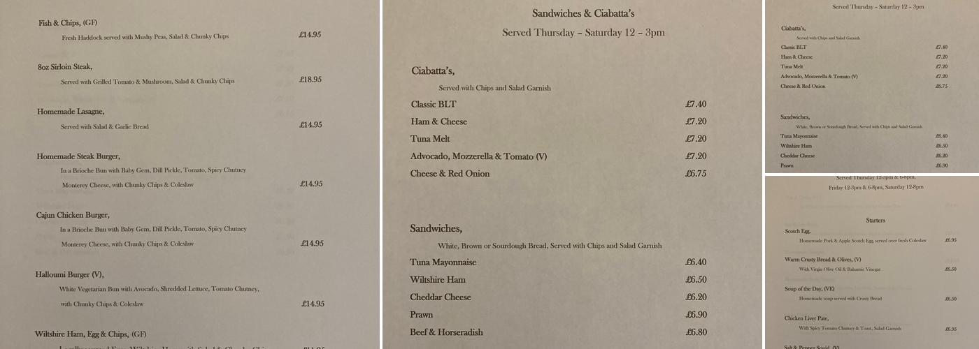 The Black Horse at Cherhill Menu