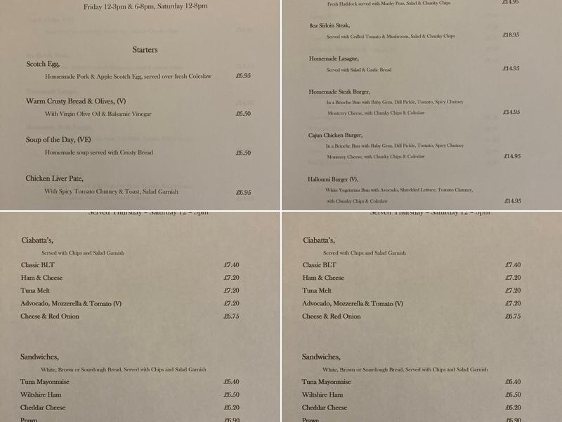 The Black Horse at Cherhill Menu