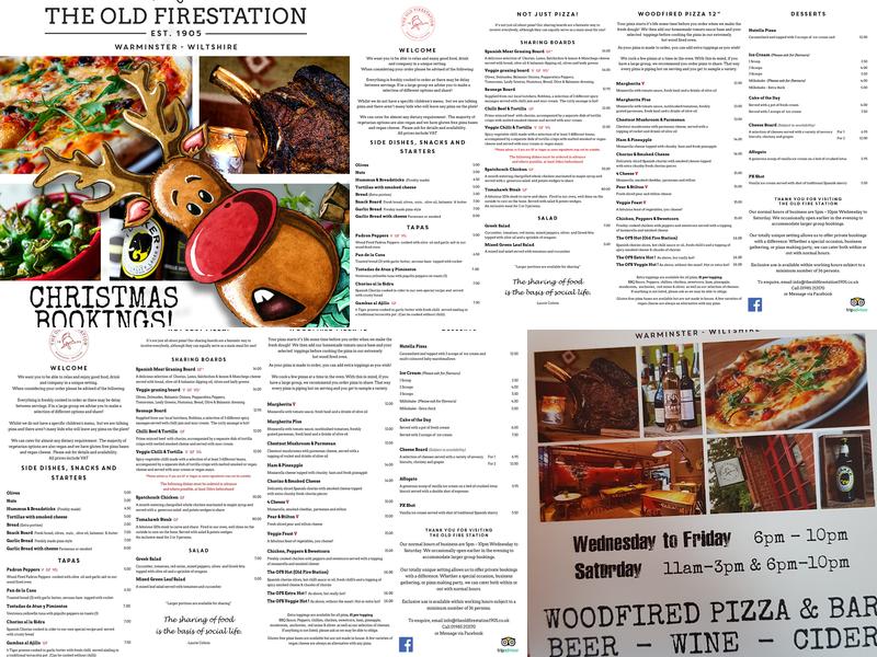 The Old Fire Station, Warminster Menu