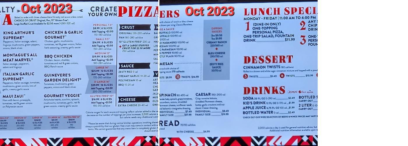 Round Table Pizza Menu
