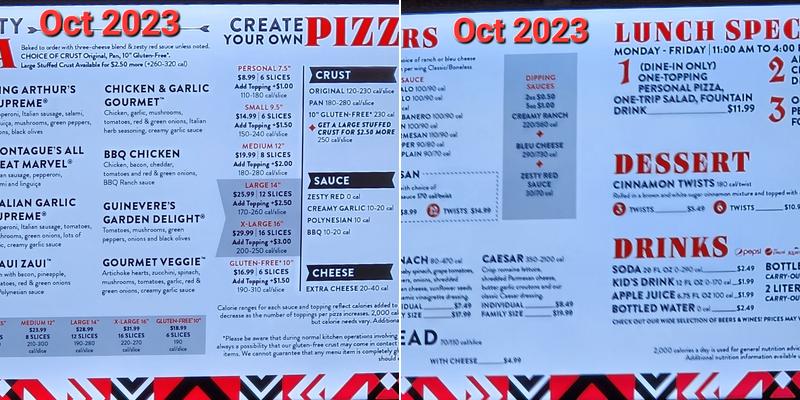 Round Table Pizza Menu