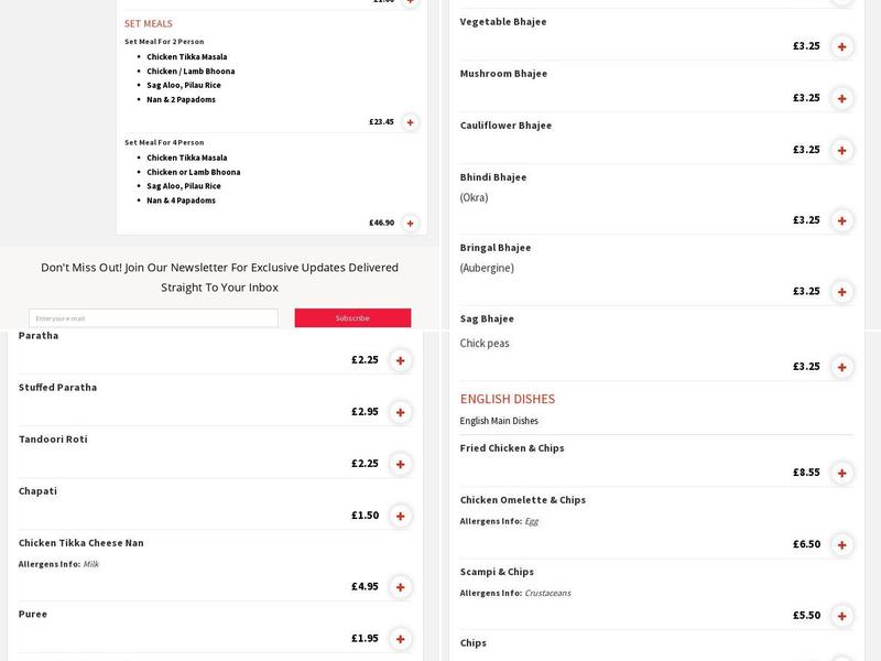 Jabir Indian Takeaway Menu