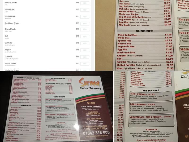 Surma Indian Takeaway Menu