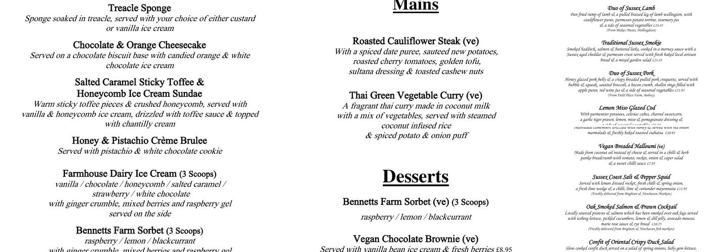 The Oak Barn Bar & Restaurant Menu