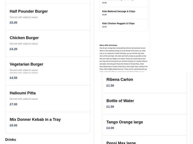 Alfie Grimshaw Menu