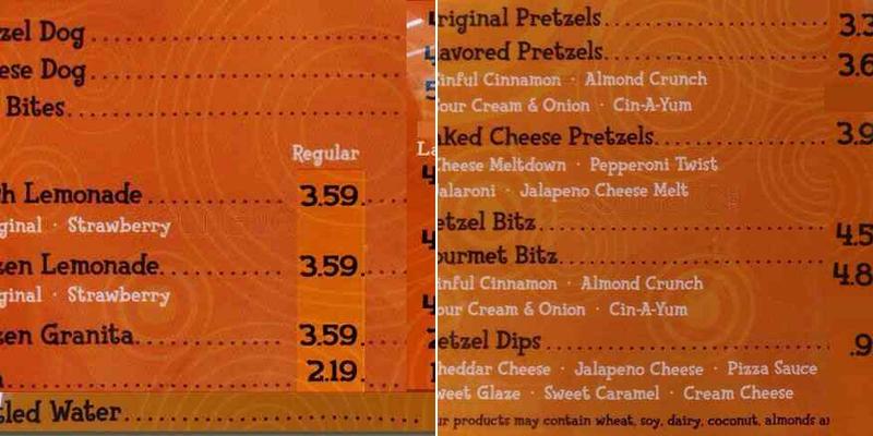 Wetzel's Pretzels Menu