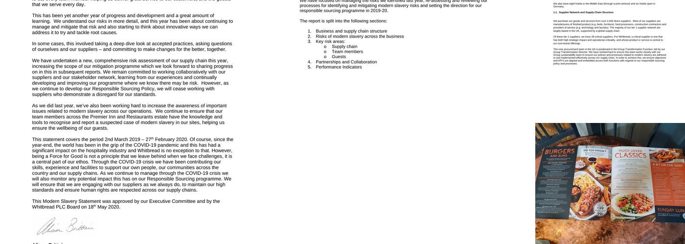 Premier Inn Port Talbot hotel Menu