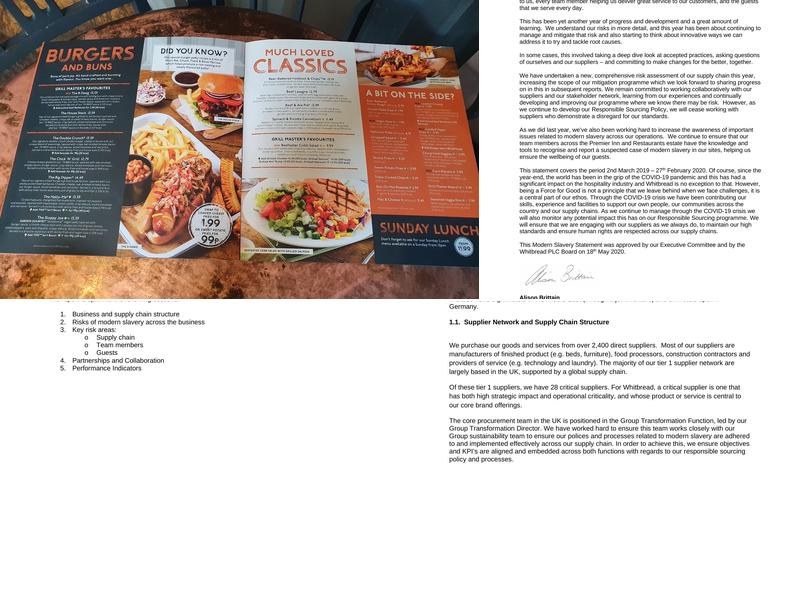 Premier Inn Port Talbot hotel Menu