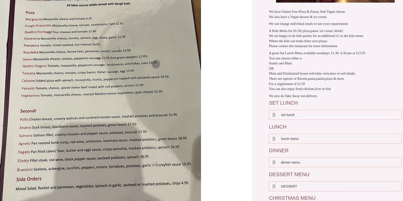 Piazza Firenze - Godalming Menu