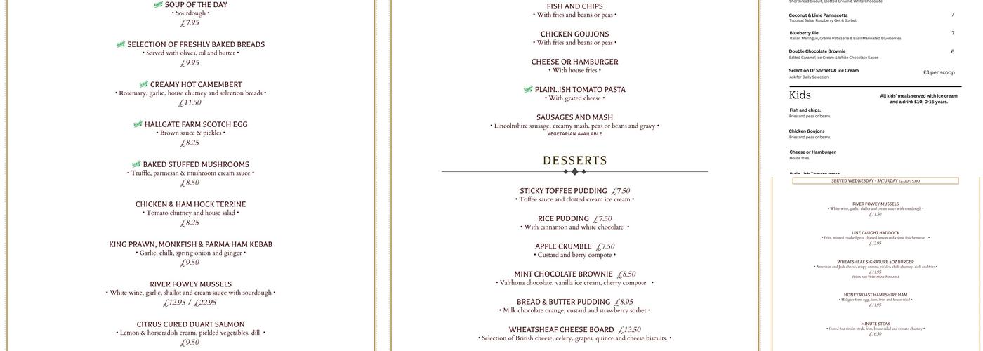 The Wheatsheaf Pub & Restaurant Farnham Menu