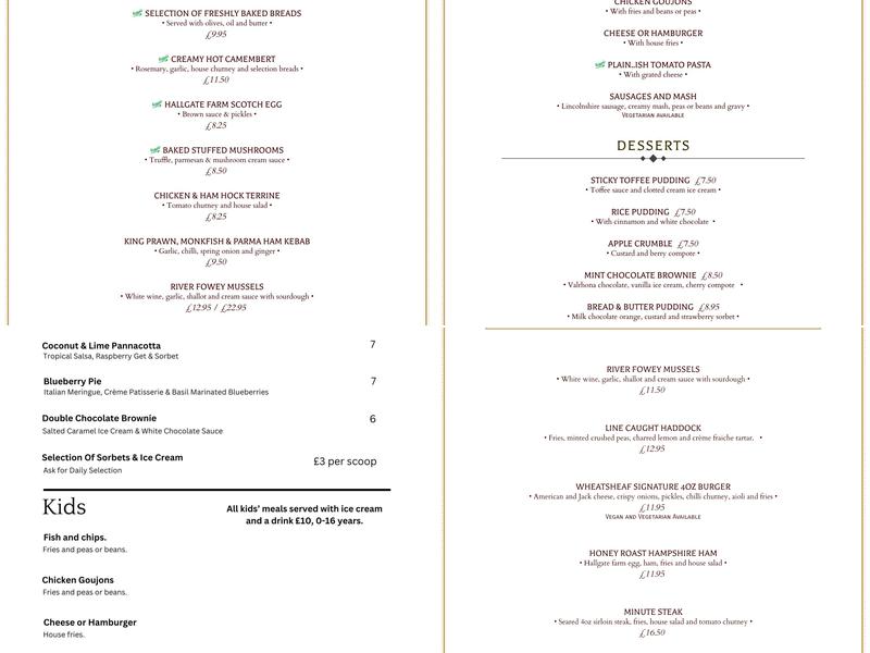 The Wheatsheaf Pub & Restaurant Farnham Menu