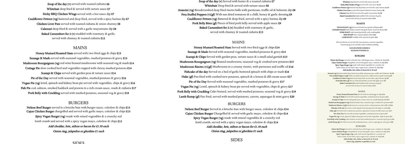 Nelson Arms Menu