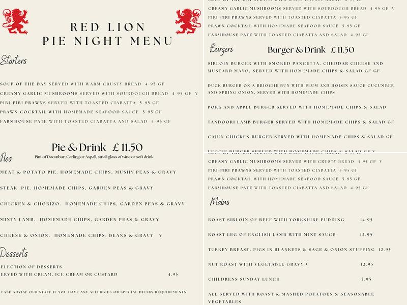 The Red Lion Inn Menu