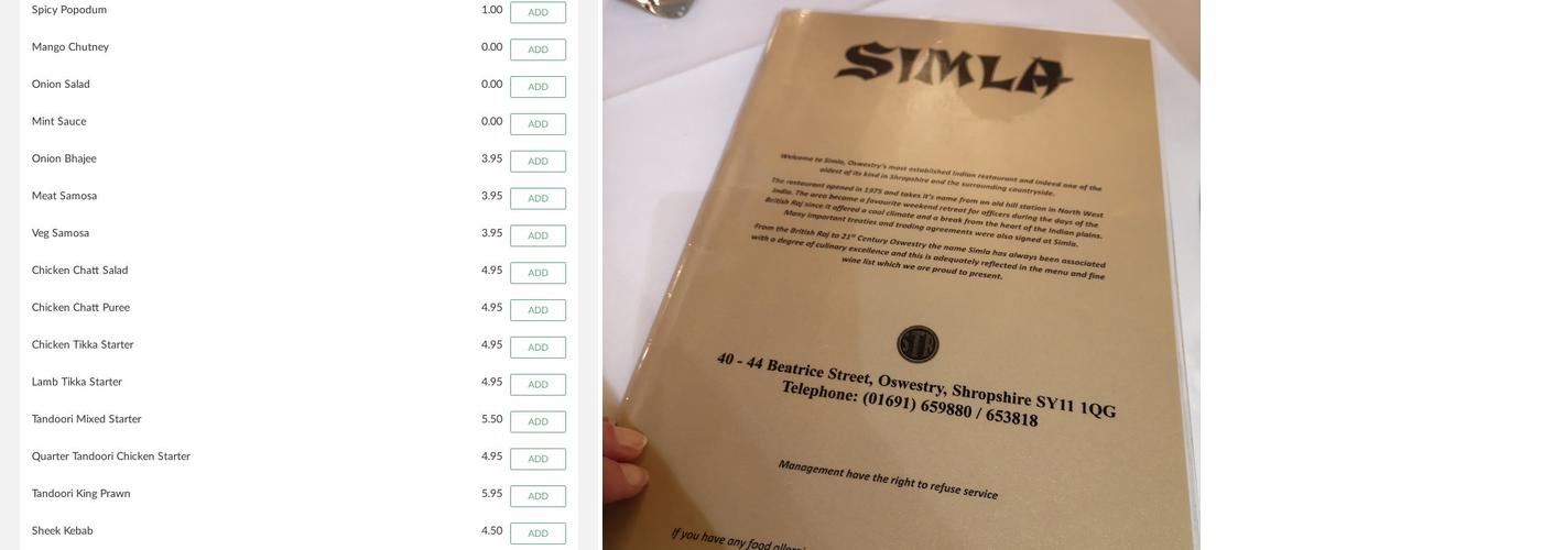 Simla Tandoori Restaurant Menu