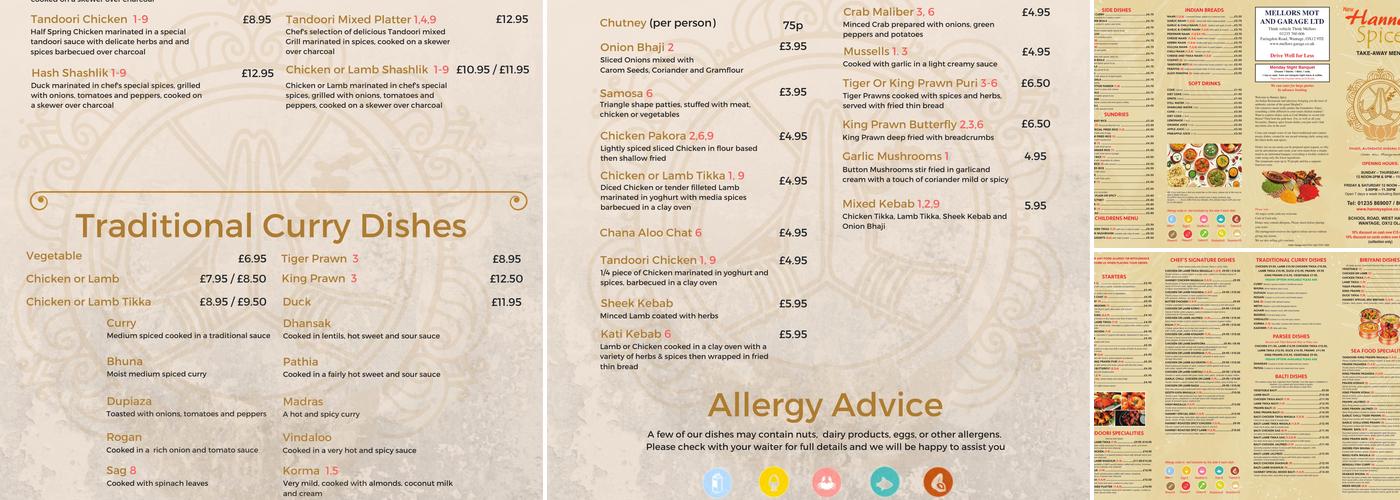 Hanney Spice Menu