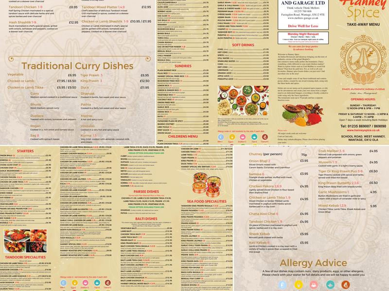 Hanney Spice Menu