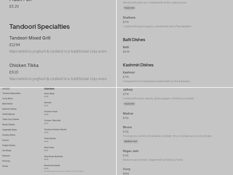 Prince of India Menu