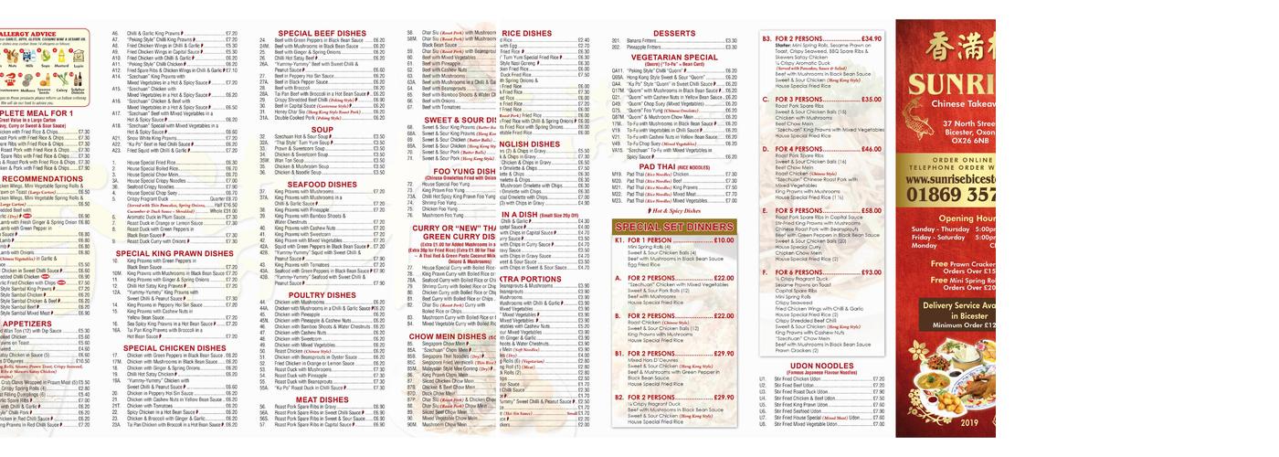 Sunrise Chinese Takeaway Menu