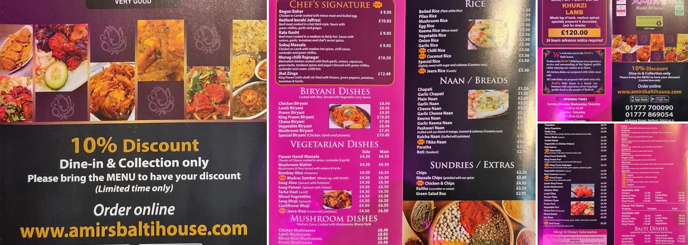Amirs Balti House Menu