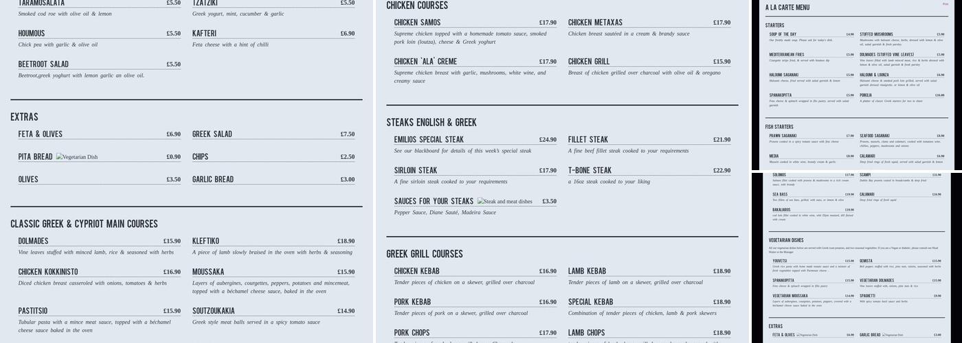 Emilios Greek Restaurant Menu