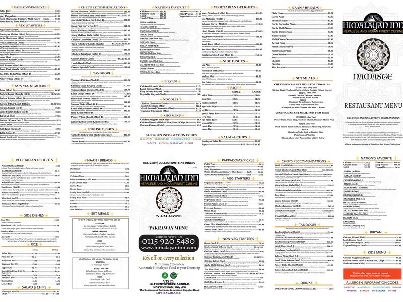 Himalayan Inn Nottingham Menu